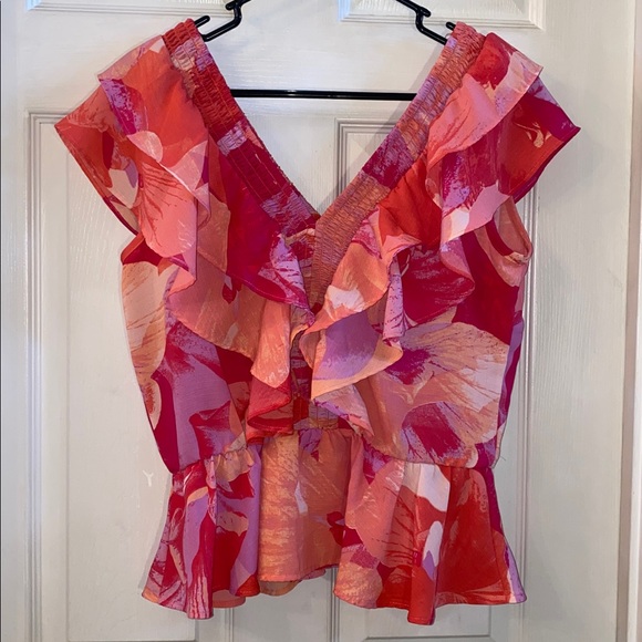 Floral Ruffle V-Neck Top - Pink and Red - Picture 8 of 10